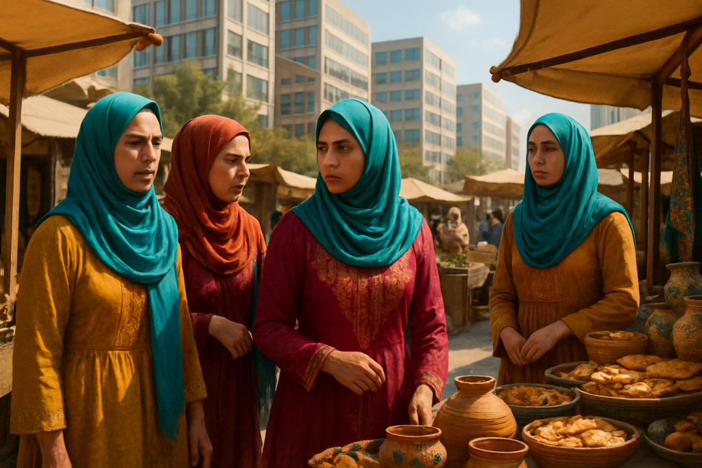 A serene and vibrant scene illustrating a group of diverse Muslim Arab women gathering in a sunlit outdoor market, wearing colorful, culturally significant attire. Some engage in conversation next to stalls filled with traditional crafts and local foods, as others oppose a backdrop of modern office buildings. The setting embodies a blend of tradition and modernity, reflecting the diversity and complexity of their experiences. The women are portrayed with expressions of determination and focus. Render the image in high definition, capturing intricate details in textures and fabrics, with a warm, inviting color palette.
