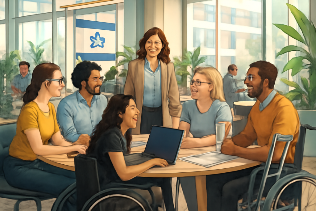 A high-definition image of an illustrated bustling workplace scene in a modern Israeli office. The scene features a diverse group of people, including women with visible disabilities, interacting and collaborating with colleagues at a round table. The office environment is filled with natural light streaming through large windows, lush indoor plants, and sleek, contemporary furnishings. A social worker, identifiable by a gentle, attentive demeanor, facilitates a discussion, embodying support and unity. The image captures a spirit of inclusion, empowerment, and dynamic teamwork within the vibrant culture of a progressive workplace.