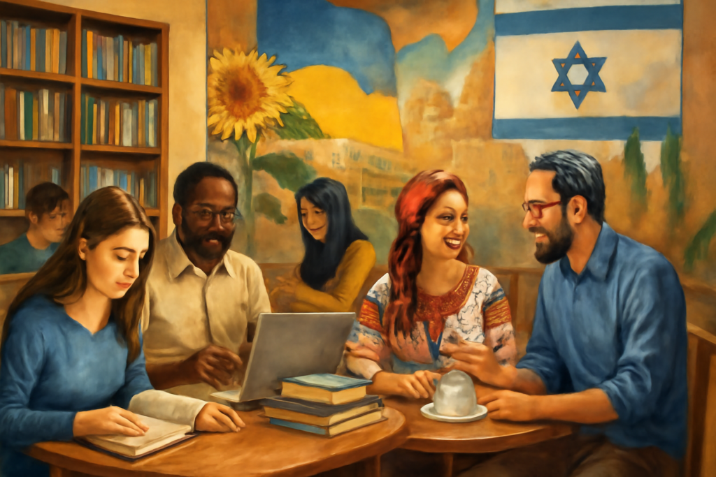 A high-definition illustration of a poignant scene captured in Israel, depicting a diverse group of people from different backgrounds, each reflecting a unique story of migration and resilience. The image features individuals engaged in everyday life — some studying in a communal library immersed in books and laptops, others conversing animatedly at a small café table, their expressions a mix of hope and determination. In the background, a mural depicting a colorful blend of Ukrainian and Israeli cultural symbols highlights the fusion of traditions and the journey from trauma to integration. The overall palette of the image is warm and inviting, conveying a sense of community and new beginnings.