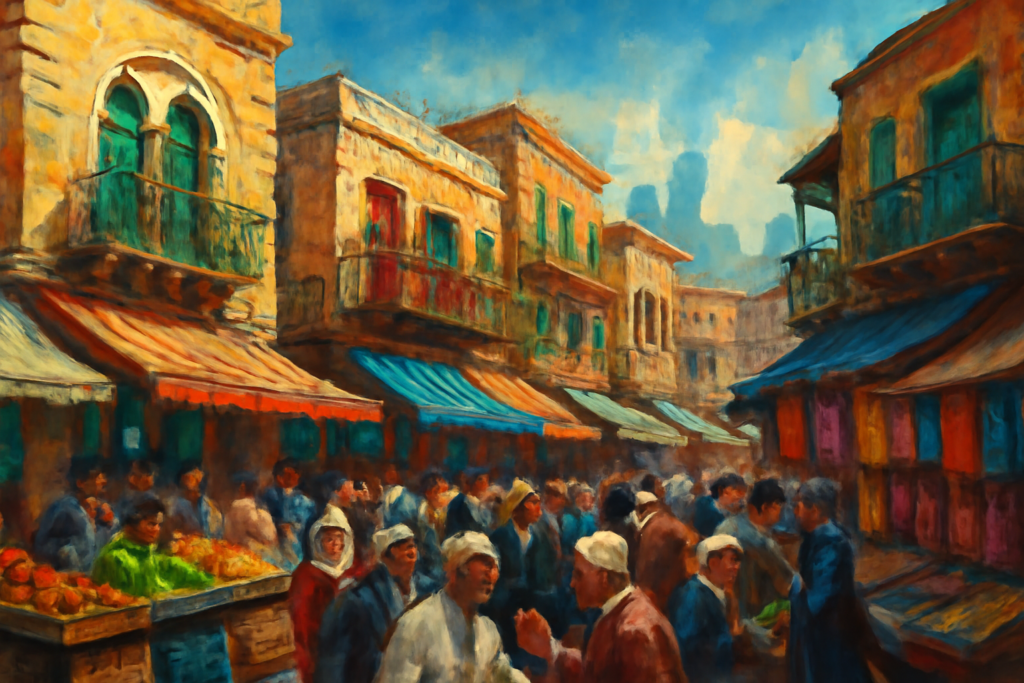 A high-definition digital artwork showcasing the vibrant, bustling streets of East Jerusalem. The scene captures a lively market atmosphere with a mix of modern and traditional buildings. In the foreground, local merchants and residents engage in animated discussions and transactions, surrounded by vivid stalls selling a variety of goods. The architecture reflects the complex layers of history, featuring a blend of weathered stones, intricate balconies, and colorful facades. In the background, a subtle, abstract representation of a skyline blends with clear blue skies, symbolizing the ongoing interplay between heritage and modernity. The image conveys a sense of dynamic community life within an informal setting.