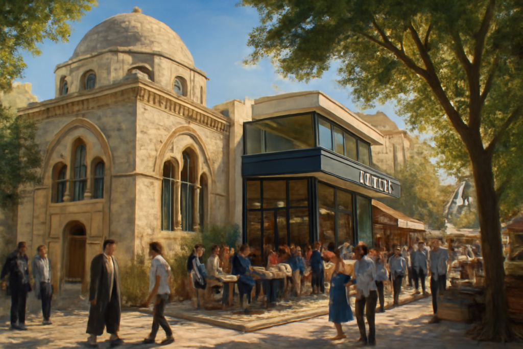 **Image Prompt:** A high definition painting depicting a bustling, vibrant street in an Israeli city, where traditional and modern elements visibly coexist. In the foreground, an architectural contrast emerges with a historic synagogue standing beside a sleek, modern café bustling with diverse patrons. People of different backgrounds - some in traditional religious attire and others in casual, modern clothing - interact, illustrating the mingling of cultures and lifestyles. Trees lining the street cast dappled shadows on the sidewalks, while colorful market stalls add a dynamic layer to the urban scene. The sky overhead is a clear blue, suggesting a day full of potential and dialogue.