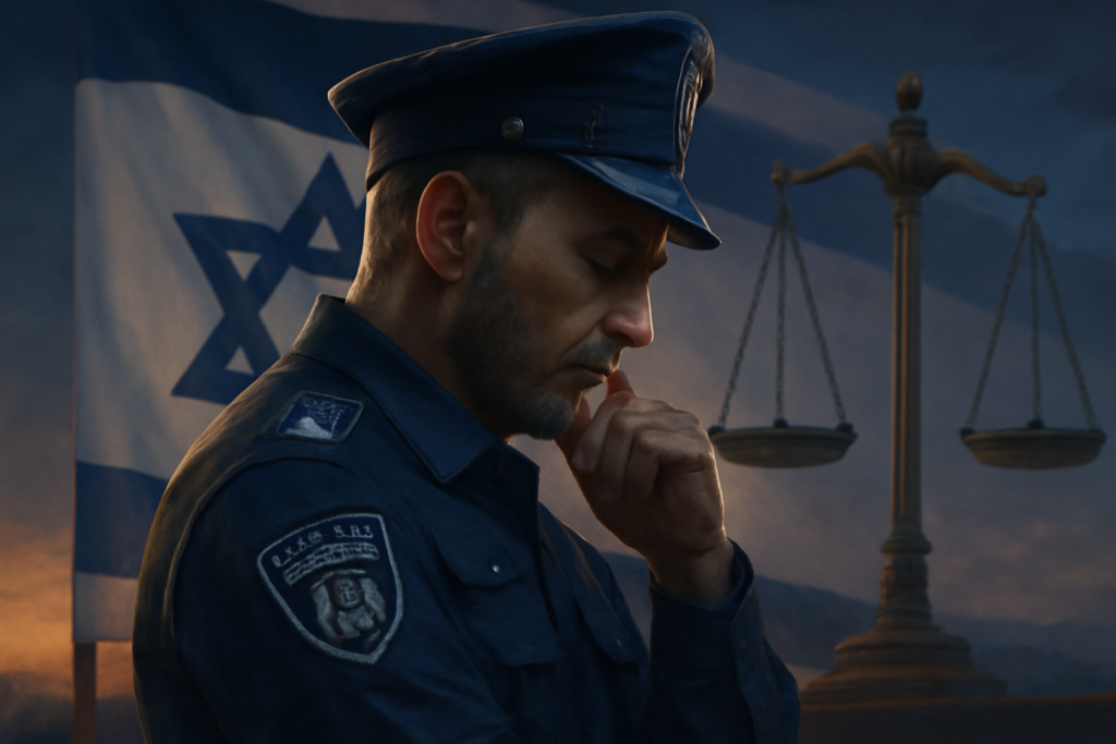 High-definition digital artwork of a thoughtful Israeli police officer in profile, standing against a backdrop of the Israeli flag subtly merged with a symbolic scale of justice. The officer, clad in a navy-blue uniform, exhibits a moment of reflection, captured under the soft, ambient light of dusk. The setting conveys both solemnity and duty, reflecting the balance of law enforcement and human rights. The image captures the essence of dignity and freedom, with muted, respectful tones that emphasize the serious nature of the topic.