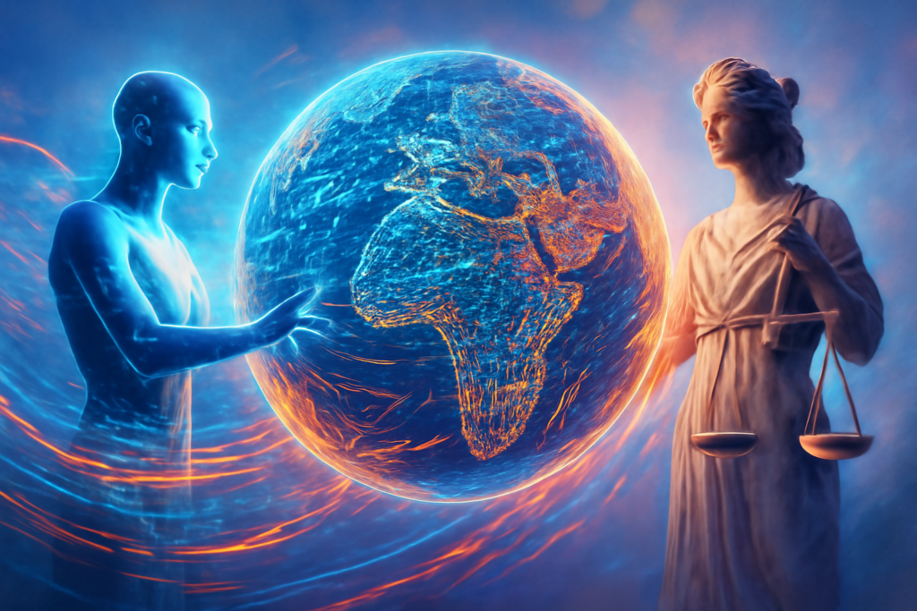 A high definition digital artwork depicting a dynamic and colorful scene of a globe surrounded by interconnected data streams. The globe is partially transparent, showing intricate patterns of digital networks and data points flowing smoothly around it. Standing on one side, a futuristic figure representing AI is reaching out towards the globe, while on the other side, a classic statue symbolizing justice is holding a set of scales. The background is a blend of soft blues and purples, evoking a sense of global interconnectedness and balance. The image conveys the theme of harmony between innovation in AI and the protection of creative rights across the globe.