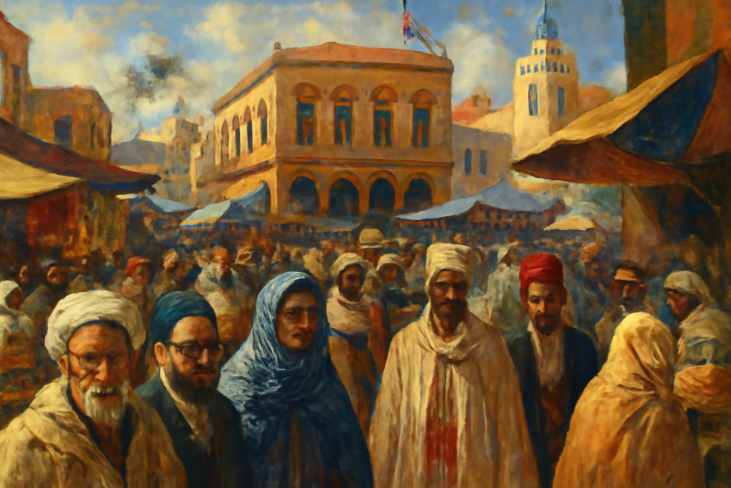 A high-definition painting of a bustling marketplace in a North African town during the 1940s, featuring a rich tapestry of vivid colors and textures. The scene captures a diverse mix of cultural influences, with French colonial architecture in the background, while people of various backgrounds—Arab, Berber, Jewish, European—move through the market, their traditional garments contrasting with the colonial setting. The atmosphere is tense yet vibrant, conveying a sense of multilayered interactions and historical depth, reflecting the complex interplay of cultures during a tumultuous period.