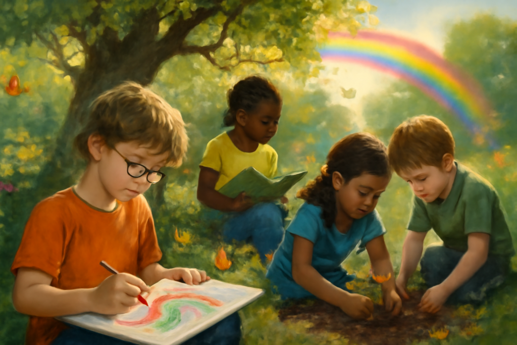 A high-definition digital painting that captures the spirit of resilience and emotional support for children with specific learning disabilities. The scene depicts a diverse group of children standing together in a lush, sunlit garden. Each child is engaged in a positive activity: one is drawing with vibrant colors, another is reading a book under a tree, while two others are planting flowers in the soft earth. Around them, gentle butterflies flutter and a rainbow arches over the horizon, symbolizing hope and diversity. The overall atmosphere is one of serenity, growth, and a supportive community, emphasizing the beauty and strength found in diversity.