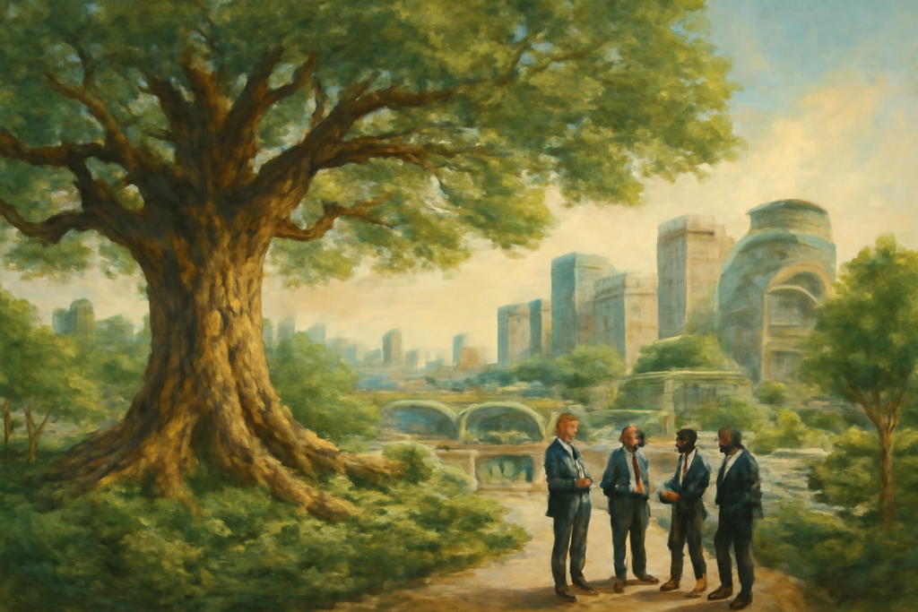 An oil painting depicting a harmonious blend of elements: a towering, ancient oak tree symbolizing wisdom and ethics, its branches spreading across the canvas like the roots of a vast ecosystem. Beneath the tree, a bustling modern cityscape, symbolizing the corporate world, where diverse people engage in discussions. The urban landscape is interwoven with lush greenery, water features, and organic architecture to represent sustainability and responsibility. The sky is a gradient of soft pastels, suggesting a hopeful horizon. The composition is both serene and dynamic, capturing the essence of integrating ethics and sustainability in business. Rendered in high definition, every detail and texture invites viewers to reflect on the balance between nature, humanity, and corporate progress.