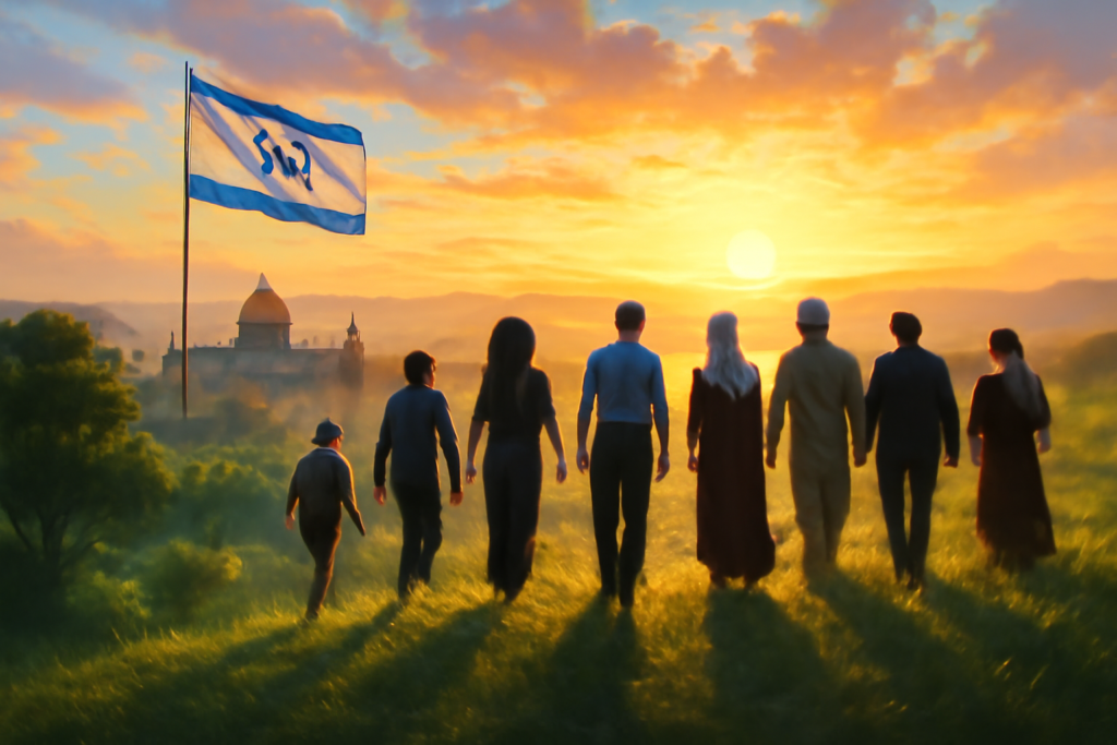 A high-definition digital painting of a serene Israeli landscape at sunrise, featuring a diverse group of people from different cultural backgrounds walking up a verdant hill together. They are silhouetted against the vibrant sky, conveying a sense of harmony and unity. The rising sun casts a golden glow over the landscape, symbolizing hope, growth, and the positive impact of ethical leadership in fostering collective progress and satisfaction.