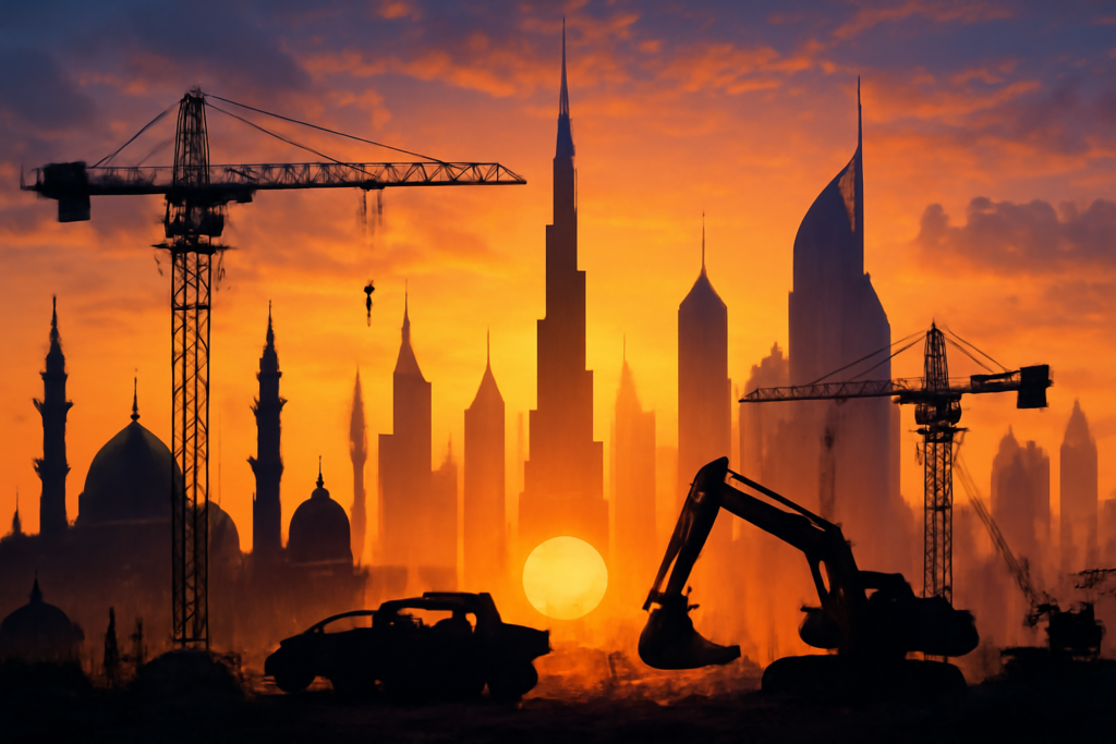 A high-definition digital artwork depicting a vibrant cityscape at dusk, with iconic Middle Eastern architectural styles intertwined with modern skyscrapers. In the foreground, silhouettes of cranes and construction vehicles work on building projects, symbolizing development and growth. The setting sun casts a golden hue across the scene, representing hope and progress amid the complex dynamics of peacebuilding and economic development.