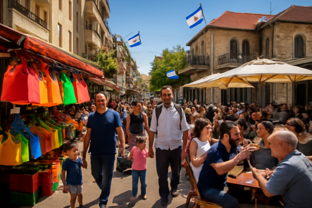 A high-definition digital artwork depicting a bustling Israeli street scene under a clear blue sky, where a diverse crowd of people are engaging in various activities. In the foreground, a vivid market stall is adorned with colorful, reusable shopping bags, while families with young children meander through, exploring the vibrant surroundings. Alongside, a nearby café terrace is filled with people deep in conversation, with expressive body language illustrating debate and discussion. The architecture blends modern and traditional structures, capturing the dynamic flow of Israeli urban life. Subtle hints of plastic usage, such as a child holding a colorful plastic toy, are evident but not overwhelming, adding layered insight into cultural nuances. The overall image conveys a sense of community, interaction, and the complexities of tradition juxtaposed with modernity in everyday settings.