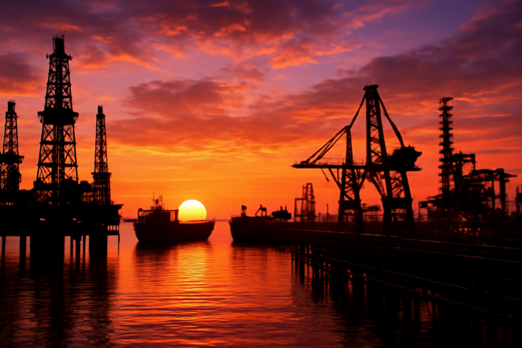 A high-definition digital artwork depicting a dramatic panoramic view of a bustling international oil and gas port at sunset. In the foreground, silhouettes of massive oil rigs and cargo ships are outlined against a vibrant sky of orange, pink, and purple hues. Onshore, elaborate cranes and industrial structures symbolize the complex, interwoven negotiations and strategies central to global energy projects. The setting sun casts a golden glow over the scene, reflecting off the water and highlighting the intricate network of pipes and machinery. This image captures the dynamic and multifaceted nature of the oil and gas industry, conveying a sense of global collaboration and strategic planning.
