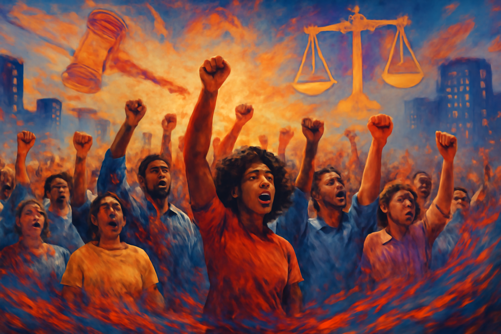 A vivid and dynamic illustration depicting a crowd of diverse people united in protest, with their arms raised in solidarity. In the background, abstract representations of legal and constitutional symbols are subtly woven into the imagery, such as a gavel and scales of justice, symbolizing the theme of legal activism. The foreground features a swirl of vivid colors, representing the energetic movement and vibrant spirit of the crowd, all set against an urban backdrop of a cityscape at dusk. Design the image in high definition to capture the depth and detail of the scene.