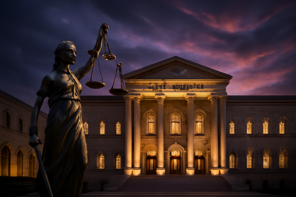 A dramatic, high-definition digital artwork depicting a grand, elegant Israeli Supreme Court building at dusk. The scene is set against a moody sky with streaks of purple and pink as the sun sets. A prominent statue of Lady Justice stands in the foreground, holding her scales with grace and authority. The building is illuminated with soft, golden lights, highlighting its architectural features. The atmosphere conveys both the gravity and dignity associated with the law, reflecting a narrative of justice and fundamental rights.
