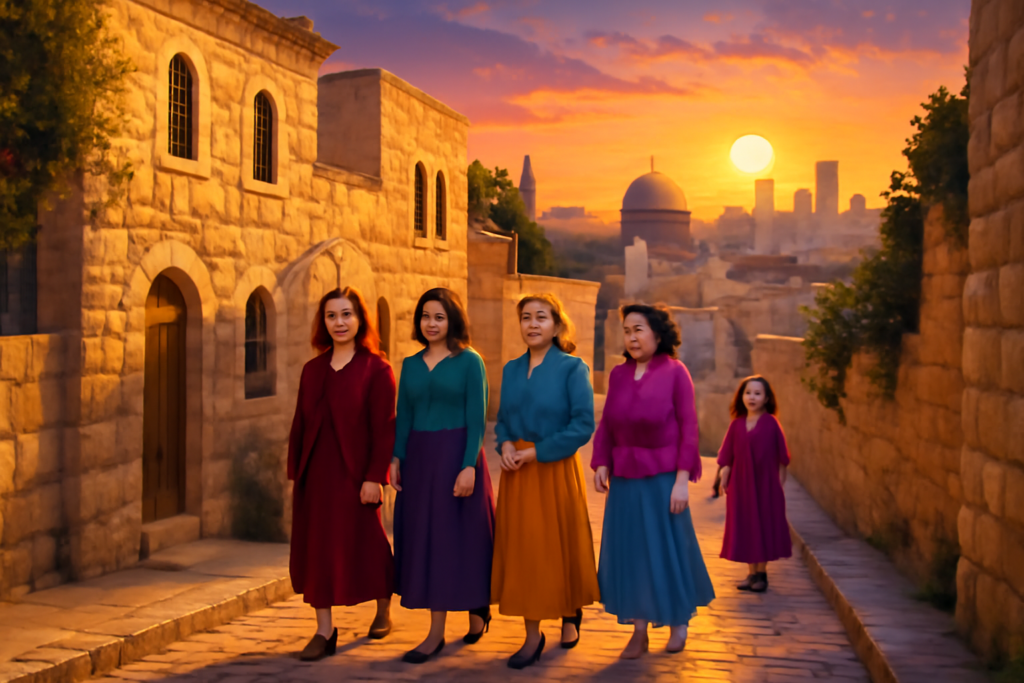 A vibrant, high-definition illustration of a traditional stone pathway in Jerusalem, gently illuminated by the warm glow of a setting sun. On one side of the path, a group of North American Ultra-Orthodox women, dressed in modest, colorful attire, moving gracefully forward with a backdrop of historical stone buildings. Their expressions are a mix of contemplation and hope as they navigate the cultural landscape. In the distance, a modern city skyline emerges, symbolizing a bridge between past traditions and new horizons. The scene captures the essence of transition, identity, and new beginnings.