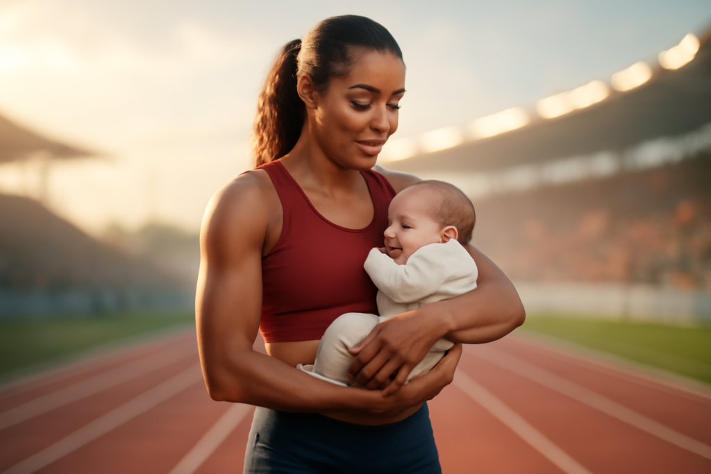 A high-definition digital artwork capturing the essence of athleticism and motherhood: an elite female athlete, radiating strength and grace, stands poised on a running track. She is dressed in athletic gear, with a peaceful expression on her face as she gently cradles an infant in her arms. Surrounding her, softly blurred, are subtle hints of a cheering crowd and a bright stadium, symbolizing the support and challenges she faces. The scene conveys the duality of her journey, balancing competitive spirit with nurturing care, against a backdrop of early morning light that casts a hopeful glow over the scene.