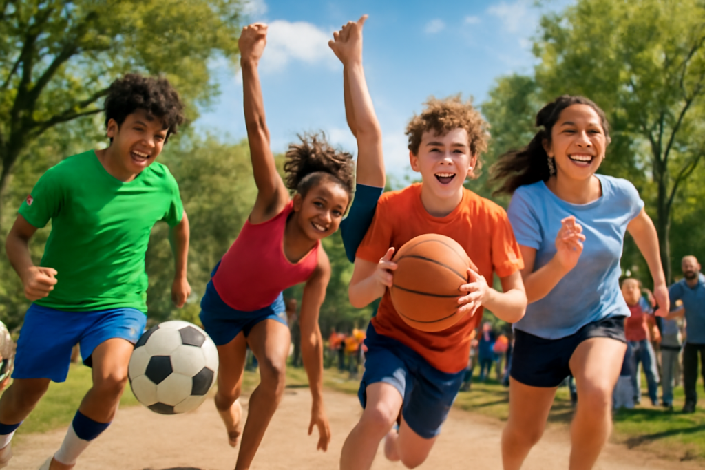 Create a high definition image of a vibrant, dynamic sports scene featuring diverse teenagers participating in various sports activities. Capture their expressions of joy, camaraderie, and competition as they engage in soccer, basketball, running, and gymnastics, all set against a backdrop of a sunny park with trees and spectators cheering. The scene should reflect an atmosphere of inclusion, energy, and the multifaceted reasons young people engage in sports, highlighting enjoyment, social bonds, achievement, and health.