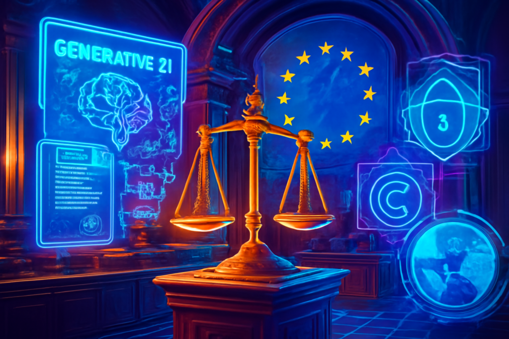 A vibrant, high-definition illustration representing the intersection of generative AI and European Union law. Visualize a futuristic courtroom filled with holographic displays of legal documents, AI algorithms, and data privacy symbols swirling around a balanced scale of justice. Include elements depicting cybersecurity, intellectual property, and a digital globe to represent international collaboration. The atmosphere should be dynamic and thought-provoking, hinting at the evolution of technology and law in a harmonious yet complex relationship.