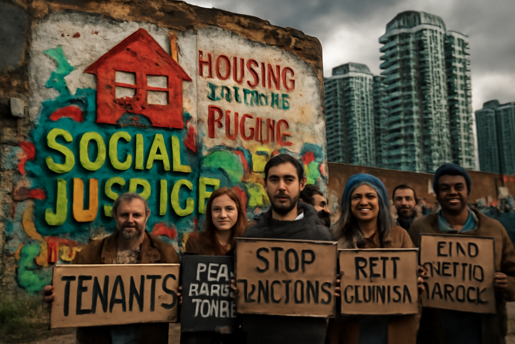 A dramatic urban scene depicting a stark contrast between wealthy property owners and struggling renters in a neoliberal state. Vibrant graffiti on a crumbling wall symbolizes social justice and housing rights, while sleek high-rise condos loom in the background. A diverse group of renters, young and old, stands defiantly in the foreground, holding signs that demand fair housing representation. The atmosphere is charged with tension, illustrating the conflict between personal ownership ideology and social equity. Create this image in high definition.
