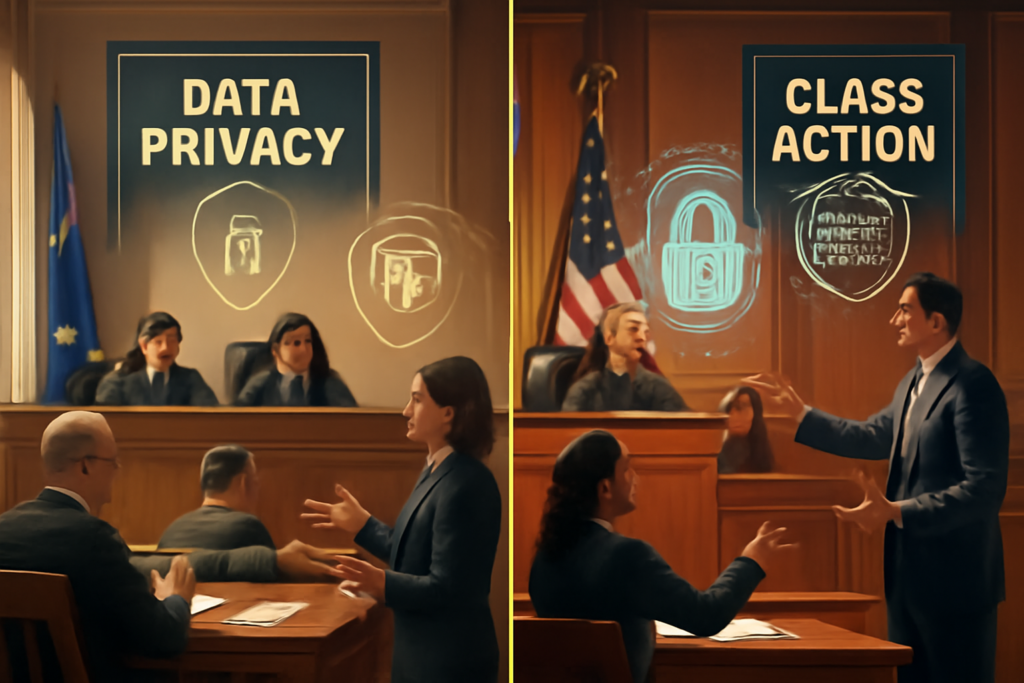 Create a high-definition image depicting a split scene representing two legal systems: on the left, a courtroom in the European Union with judges and representatives discussing data privacy laws, illuminated by soft, warm light. On the right, a vibrant US courtroom featuring the dynamic debate in a class action lawsuit over consumer privacy rights, highlighted by bright, sharp lighting. Include symbols of data protection, such as digital locks and privacy shields, blending into each side to emphasize the comparative analysis theme.