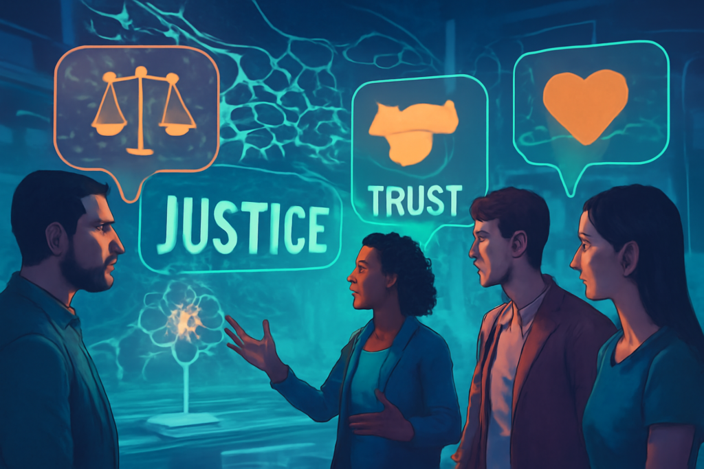 Create a high-definition image of a futuristic landscape where human decisions in game theory are symbolically represented through vibrant language-based expressions. Visualize interactive holograms expressing emotions like justice, trust, and empathy, intertwined with AI elements such as neural networks and speech bubbles. Include diverse characters engaging in these interactions, highlighting their complex, moral dilemmas in a technologically advanced environment, blending elements of psychology, linguistics, and economics.
