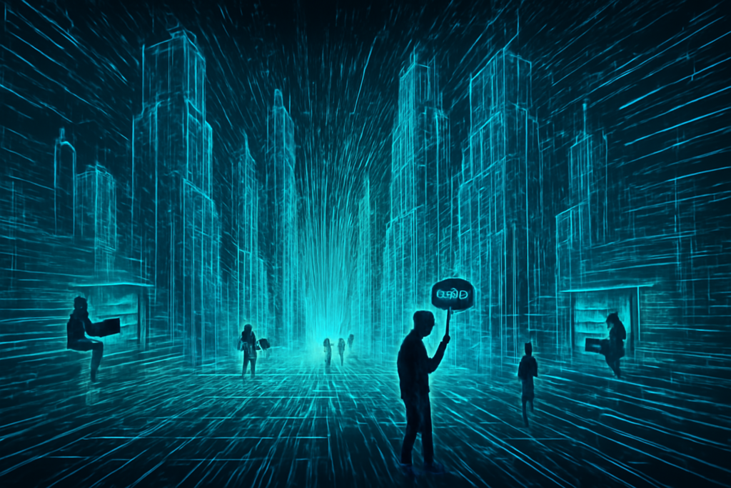 Generate a high-definition digital artwork depicting an abstract representation of the internet as a vast, infinite cityscape. The cityscape should be a futuristic amalgamation of towering skyscrapers made from an intricate mesh of luminous, glowing lines that resemble digital circuits and fiber-optics. Within the scene, incorporate tiny silhouettes of people engaging in various online activities, such as virtual shopping and social networking, symbolizing routine online activity amidst the sprawling network. The image should convey a sense of boundlessness, complexity, and interconnectivity, embodying the dynamic yet vulnerable nature of the online world.