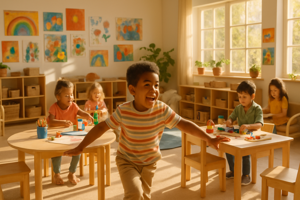 A serene early childhood classroom bathed in warm sunlight, with a diverse group of young children engaged in playful exploration. Natural wooden furniture is scattered about, with cozy reading nooks, colorful educational toys, and art supplies spread across low tables. A young boy with an energetic expression is joyfully leading an imaginative game, displaying his lively spirit in motion. The walls are adorned with vibrant artwork created by the children, adding splashes of color to the scene. The atmosphere is one of creativity, curiosity, and the joy of learning. The image is captured in high definition, with rich detail and vivid colors, highlighting the bright, hopeful atmosphere of early childhood education.