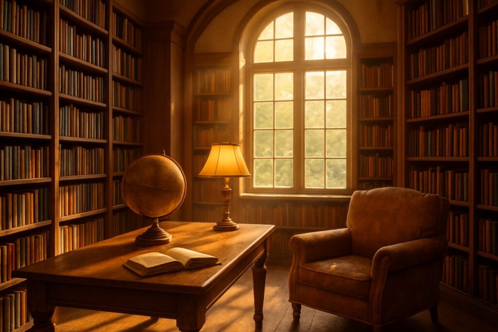 A serene library setting bathed in warm, golden sunlight filtering through large, arched windows. Rows of tall wooden bookshelves filled with colorful books create a cozy, inviting atmosphere. A vintage globe and a classic reading lamp sit on a sturdy oak table, while a comfortable armchair, gently worn, waits invitingly next to a half-opened book, its pages fluttering in the breeze. Render this scene in high definition with rich textures and vivid colors to capture the essence of thoughtful academic exploration.