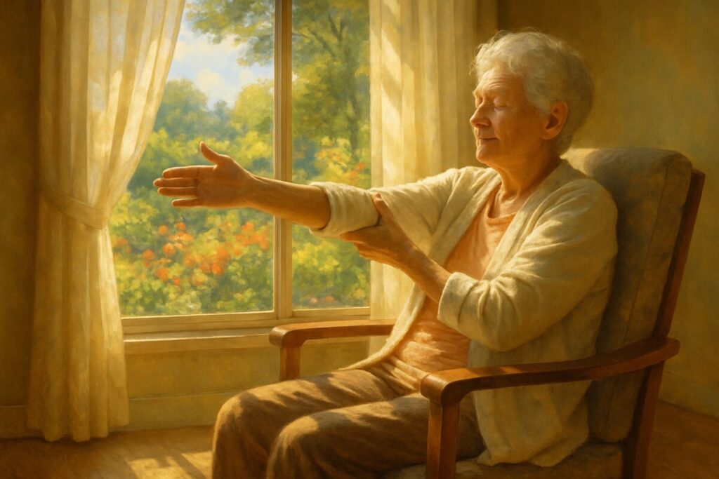 A serene and uplifting high-definition digital painting depicting an elderly person sitting peacefully in a sunlit room. They are seated in a comfortable chair near a large window with sheer curtains. Sunlight streams in, creating warm, dappled patterns on the wooden floor. The individual is gently stretching their arm, clearly engaging in a simple self-care routine. Outside the window, a vibrant garden with colorful flowers and green foliage can be seen. The overall atmosphere is one of calm, healing, and rejuvenation.