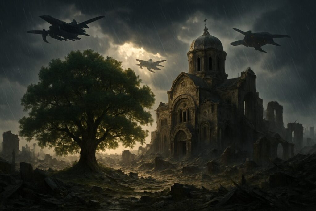 Create a high-definition digital artwork depicting a dramatic landscape illustrating the aftermath of a military clash, showcasing a contrasting mixture of futuristic technology and traditional architecture. In the foreground, a majestic, resilient oak tree stands amidst the ruins of an ancient, ornate church. In the distance, silhouettes of advanced military drones glide through a turbulent, rain-soaked sky, casting shadows over the terrain. The scene captures the tension between innovation and history, with rays of sunlight penetrating the ominous clouds, symbolizing hope and resilience amid chaos.