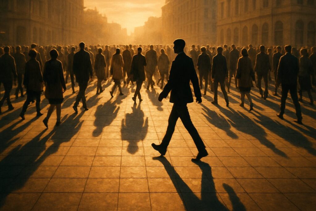 A high-definition digital artwork of a surreal scene: a crowded urban square with numerous pedestrians, each casting a long shadow. Among them, one individual stands out, walking confidently in the opposite direction, their silhouette breaking away from the sea of conforming shadows. The scene captures a mix of golden-hour lighting, casting an ethereal glow, and a sense of quiet rebellion amidst the routine of daily life.