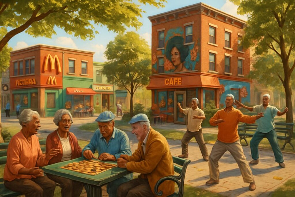 A high-definition digital illustration capturing a vibrant and engaging neighborhood scene in an American city. The focal point of the image is a lively corner with a small park, surrounded by a mix of fast-food restaurants, cozy cafes, and local shops. In the park, a group of diverse elderly African American residents can be seen interacting joyfully—some are engaged in a lively conversation, others playing checkers, and a few practicing tai chi. The sun casts a warm glow, as tree leaves gently sway in the breeze. The buildings are adorned with colorful murals, adding an artistic touch to the community ambiance. The scene exudes a sense of social connection and vitality, embodying the spirit of neighborhood influence on cognitive well-being.