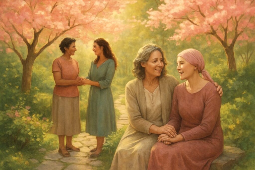A serene, high-definition illustration depicting a lush garden with warm sunlight filtering through a canopy of blossoming cherry blossom trees. In the foreground, a winding stone path leads through the garden, inviting exploration and reflection. Alongside the path, a diverse group of women of varying ages engage in quiet conversations and supportive interactions, creating a sense of community and shared resilience. The scene is imbued with an atmosphere of tranquility and hope, with soft light highlighting expressions of comfort and gentle smiles. The garden setting symbolizes growth, healing, and the nurturing power of social support.