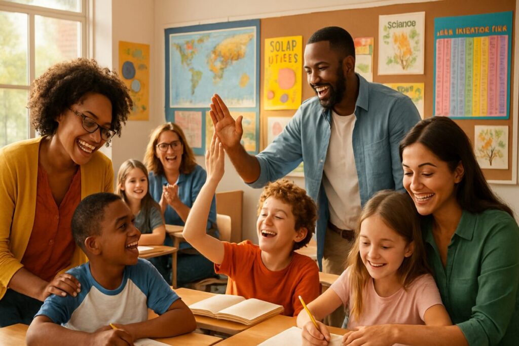 A high-definition digital artwork of a serene scene in a vibrant middle school classroom, filled with smiling, diverse teachers interacting joyfully with students. Sunlight pours through large windows, casting a warm glow over colorful educational posters and student projects decorating the walls. A sense of harmony and fulfillment is captured through the teachers' enthusiastic gestures as they guide students. The scene radiates positivity, highlighting the engaging and supportive environment that contributes to overall job satisfaction.
