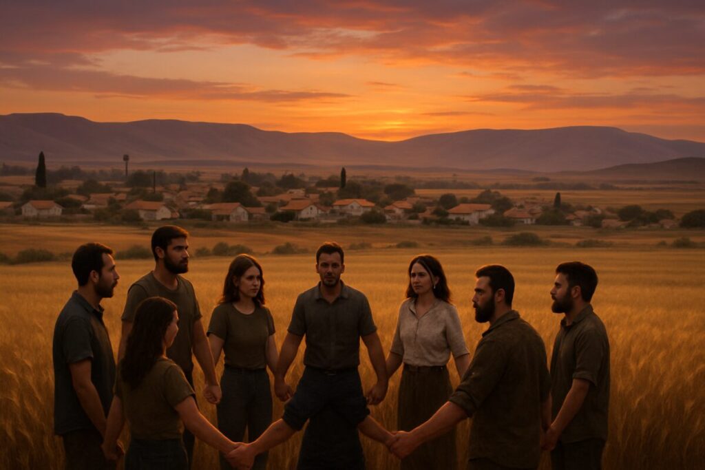 A serene Israeli landscape at dusk, portraying a small rural community enveloped by golden fields and distant rolling hills. In the foreground, a diverse group of people stands together, united in a circle, symbolizing strength and solidarity. They hold hands, their faces a mix of determination and hope amidst adversity. The sky above is painted with warm hues of orange and purple, suggesting tranquility and resilience amidst turmoil. The atmosphere is one of unity and rebirth, casting a hopeful glow over the landscape. Render this scene in high definition.