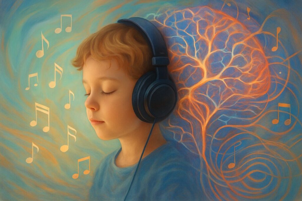 A serene, high-definition digital artwork depicting a child with headphones on, immersed in an ethereal world where musical notes float around, seamlessly blending into vibrant neural pathways and rhythmic patterns. The background features a gentle swirl of colors, suggesting a calming influence on the mind, while subtle, abstract representations of brain structures weave through the scene, symbolizing music's therapeutic effects on cognitive function. The atmosphere is harmonious and balanced, capturing a moment of peaceful engagement.