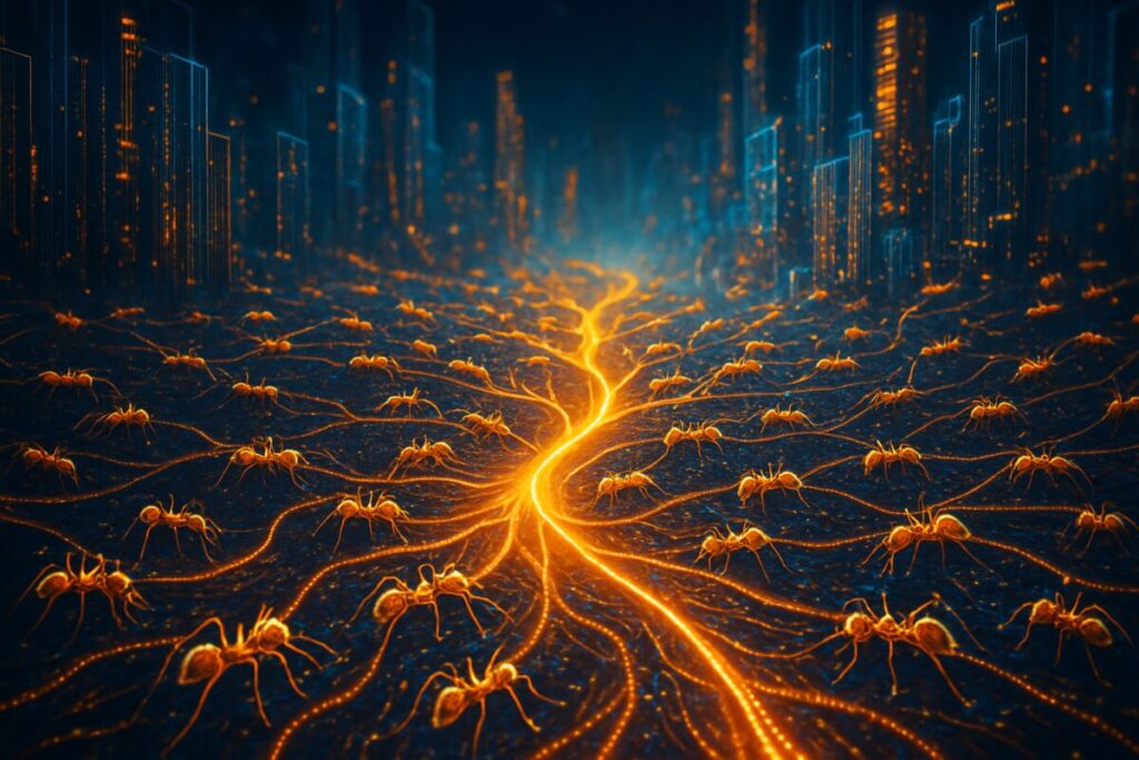 A high-definition digital artwork depicting a bustling hive of activity, where countless tiny glowing ants traverse a network of intricate pathways. Each ant leaves a shimmering trail, marking the different paths amidst a backdrop of abstract financial landscapes represented by towering structures resembling city skyscrapers. The luminescent paths converge towards a central point, symbolizing a data-driven process culminating in decision-making. The scene merges natural and digital elements, embodying the synergy of biological inspiration and data mining technologies.