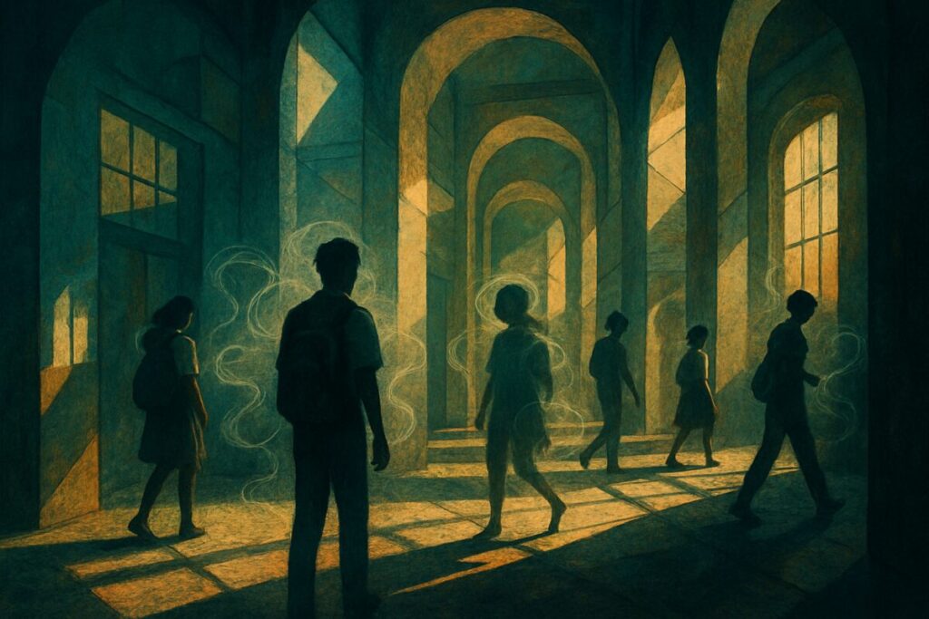 A high-definition digital artwork depicting a surreal, dreamlike school setting. The scene features an expansive, labyrinthine corridor with towering, geometric walls and archways, symbolizing institutional structure. Shadows and light interplay dramatically, casting intricate patterns on the floor, representing the complex dynamics of power. In the foreground, several students, in abstract forms, navigate the space, each one appearing to carry an invisible, ethereal burden that swirls subtly around them, highlighting the unseen forces of social norms and pressures. The atmosphere is both intriguing and slightly unsettling, capturing the tension and complexity of the environment.