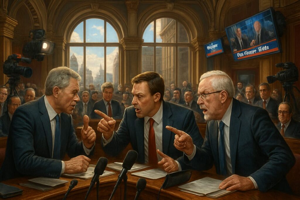 A high-definition illustration of a bustling political debate scene within a grand, ornate hall reminiscent of classic European parliament buildings. The focus is on the dynamic interplay of politicians immersed in strategic discussions, surrounded by an array of modern technology—cameras, microphones, and digital screens showing news tickers. In the background, a large window reveals a panoramic view of a lively cityscape, symbolizing the ever-present public and media influence. The vivid lighting captures the tension and gravitas of influence and communication interplaying in this vibrant political arena.