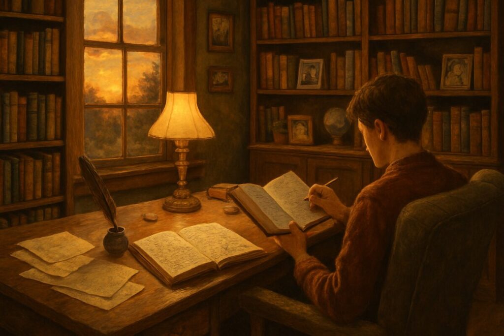 A warm, inviting study space with a large wooden desk, softly lit by a vintage lamp. On the desk, there are scattered parchment papers, a quill pen resting in an inkpot, and an open notebook filled with handwritten notes and sketches. A cozy armchair sits nearby with a person visible from the back, casually reading and taking notes. The room is adorned with bookshelves filled with diverse books and small personal items like a globe and family photographs, creating an atmosphere of personal warmth and intellectual curiosity. Through the window, a soft golden sunset casts a relaxed glow, symbolizing the transition from rigid academic tradition to a more personal and human style of writing. Paint in high definition for rich detail and texture.