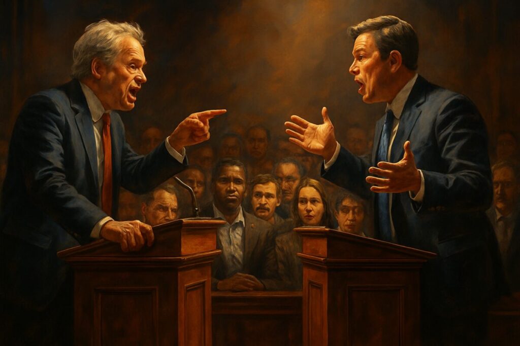 A high-definition digital artwork depicting a dynamic and thought-provoking scene of two opposing politicians engaged in a spirited debate. Each politician stands behind a podium on an elegant stage, casting shadows under dramatic lighting that emphasizes their expressions. Between them, a crowd of diverse individuals reflects the public audience, some leaning in with interest while others appear skeptical or contemplative. The scene captures the tension and influence of rhetoric, with vivid colors and intricate details in the expressions and gestures of both politicians and the audience, symbolizing the power and complexity of political discourse.