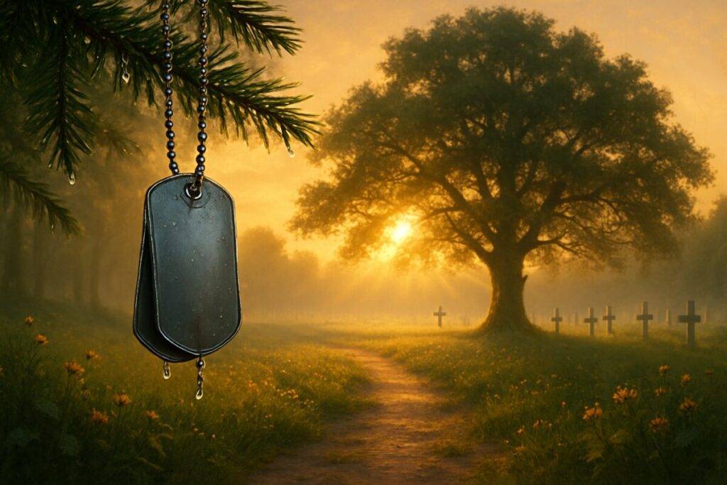 An evocative high-definition digital artwork depicting a serene, tranquil military memorial landscape during sunrise. In the foreground, a pair of dog tags hangs gently from an evergreen branch, glistening with morning dew. The background reveals a peaceful vista—a path lined with small, vibrant wildflowers leading to an open clearing. Here, a lone oak tree stands majestically, its branches extending outward, offering a sense of shelter and solace. Rays of sunlight pierce through the foliage, casting a warm glow over the scene, symbolizing hope and remembrance amidst a moment of solitude and reflection.