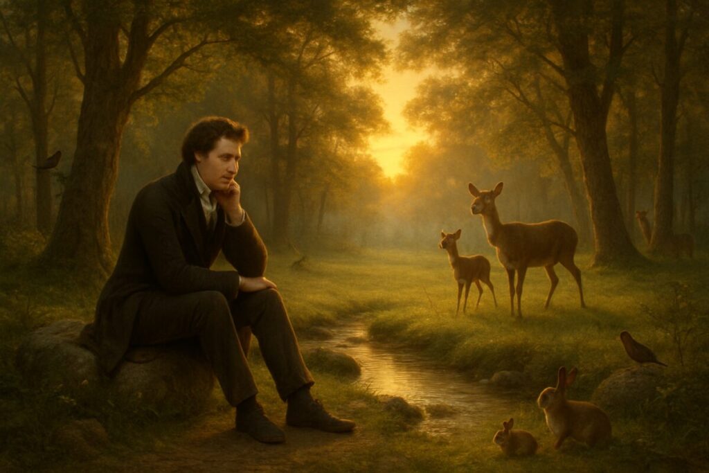 A high-definition painting depicting a serene forest clearing at sunrise. In the foreground, an elegantly dressed, thoughtful person sits on a rock, their expression contemplative yet peaceful. Nearby, a small stream trickles gently, reflecting the golden hues of the early morning sun filtering through the trees. Around them, various forest animals—deer, rabbits, and birds—go about their morning routine, symbolizing harmony with nature. The scene captures both a sense of tranquility and a subtle yearning, inviting viewers to ponder the deeper questions of happiness and fulfillment.