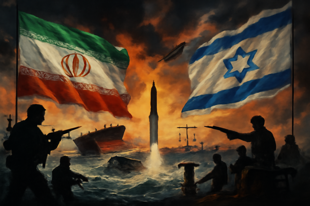 A dramatic depiction of the geopolitical conflict between Iran and Israel, showcasing the clash over oil, missiles, and power. Visualize a tumultuous landscape with symbolic elements such as a raging sea representing the Strait of Hormuz, oil tankers in peril, and shadowy silhouettes of military forces. Add contrasting imagery of both nations’ flags rippling amidst dark clouds of tension, with vivid colors highlighting the urgency of the conflict. Include military technology and symbols of diplomacy, all rendered in high definition for striking clarity.