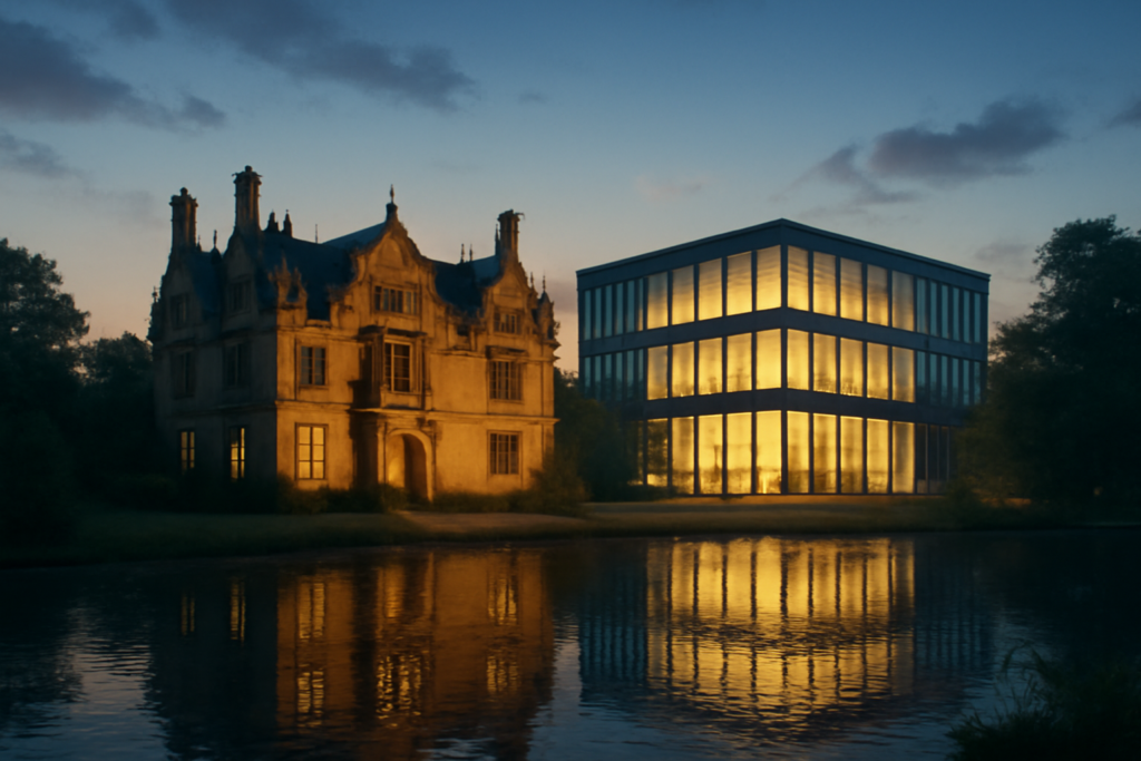 A high-definition illustration depicting a British countryside scene, where an ornate historical building represents traditional accounting practices. Reflect the idea of transition by showing this building beside a modern, sleek, newly constructed glass structure. Capture a peaceful twilight setting, with warm lights from both buildings reflecting gently on a tranquil lake in the foreground. The juxtaposition of old and new architectural styles symbolizes the shift from international to local accounting standards, while the serene environment conveys stability and balance.