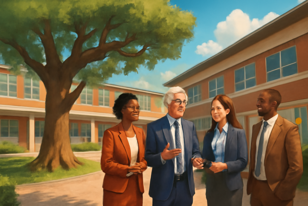 A high-definition digital artwork of a serene and inviting school courtyard under a bright blue sky. In the foreground, a large and wise-looking oak tree spreads its branches, symbolizing growth and knowledge. Around the courtyard, diverse educators and school leaders wearing professional attire engage in a lively discussion, their facial expressions animated with curiosity and understanding. A nearby bulletin board subtly reflects a sense of collaboration through colorful, abstract shapes. The atmosphere is warm and collegial, emphasizing connection and shared learning.
