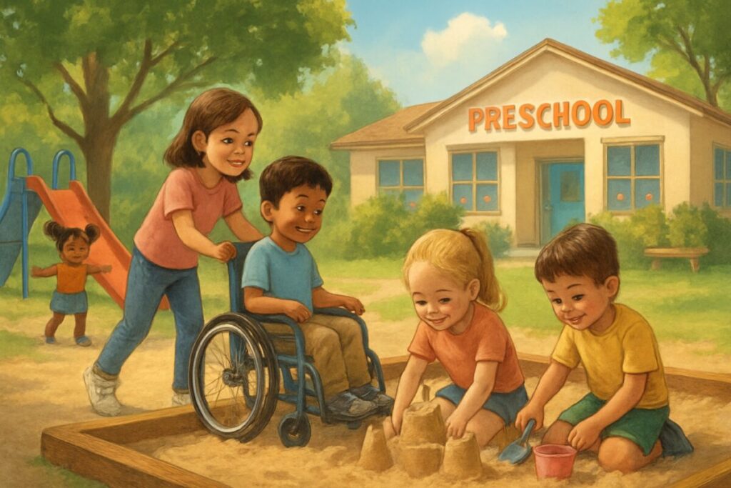 A serene, high-definition illustration of a sunlit preschool playground, where children of diverse abilities joyfully play together. A child in a wheelchair is being gently pushed by a friend, while others engage in collaborative sandcastle building. The background features lush green trees and a bright blue sky, encapsulating an atmosphere of harmony and inclusion. The scene conveys warmth, acceptance, and unity among the children.