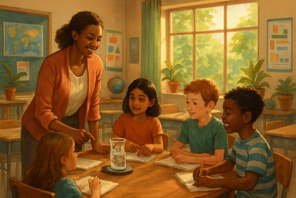 A high-definition digital artwork depicting a serene classroom scene bathed in warm sunlight. In the foreground, a teacher confidently guides a group of diverse students gathered around a circular table, engaging in a hands-on science experiment. The classroom is adorned with colorful educational posters and plants, exuding an atmosphere of creativity and growth. In the background, a large window reveals a lush, green garden, suggesting the nurturing environment essential for learning and development.