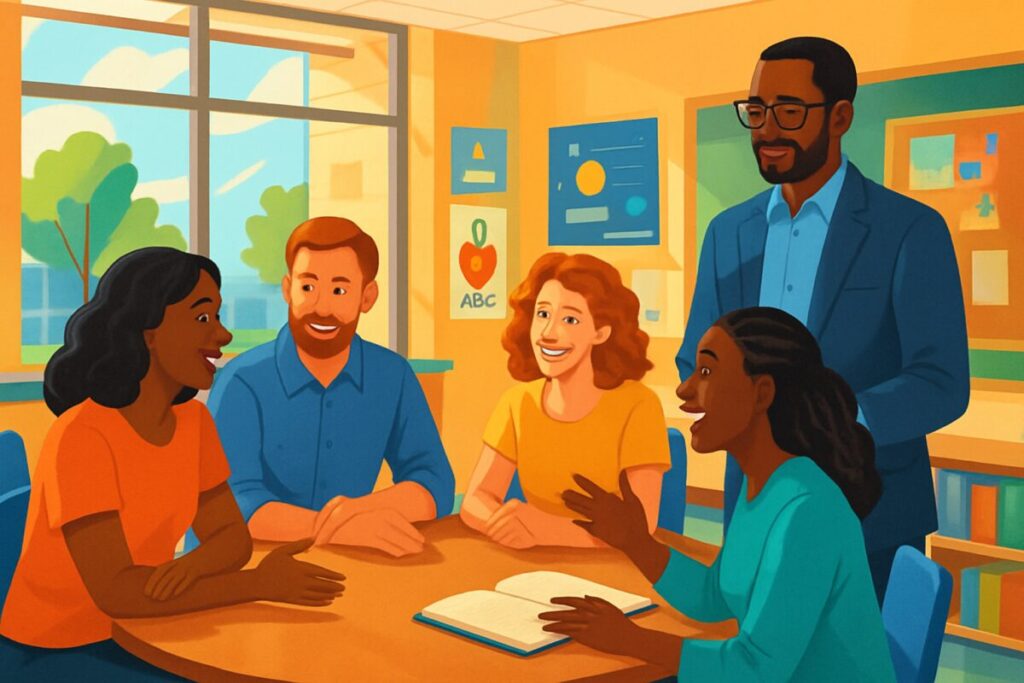 A vibrant illustration depicting a diverse group of teachers engaged in a collaborative meeting inside a colorful, modern school setting. The room is bright and filled with natural light streaming through large windows, creating a warm and inviting atmosphere. The teachers are exchanging ideas around a large round table, and a school leader stands nearby, listening intently and taking notes, embodying a sense of supportive school leadership. In the background, educational posters and student artwork add a touch of creative authenticity to the high-definition image.
