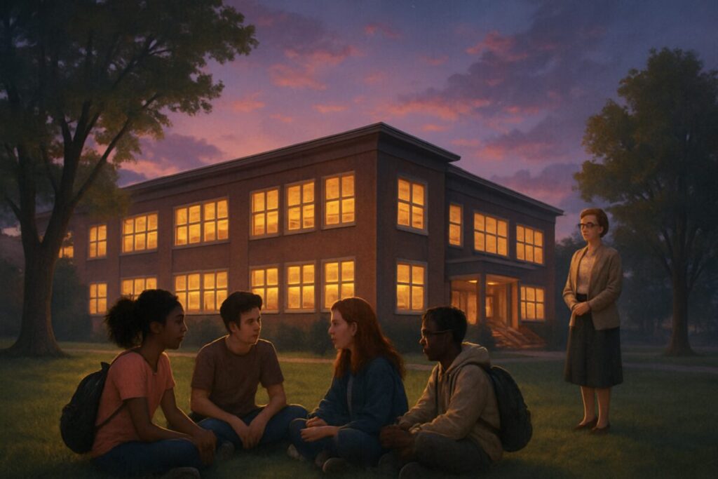 A high-definition digital artwork of a serene and protective school environment during dusk. The scene features a school building with warm, welcoming lights glowing softly from the windows. In the foreground, a group of diverse teenagers is sitting on a grassy lawn, engaging in thoughtful conversation, while a teacher observes from a distance with a caring, attentive demeanor. The sky transitioning from sunset hues to a soft twilight creates an atmosphere of hope and reflection, emphasizing connection and understanding among the characters.