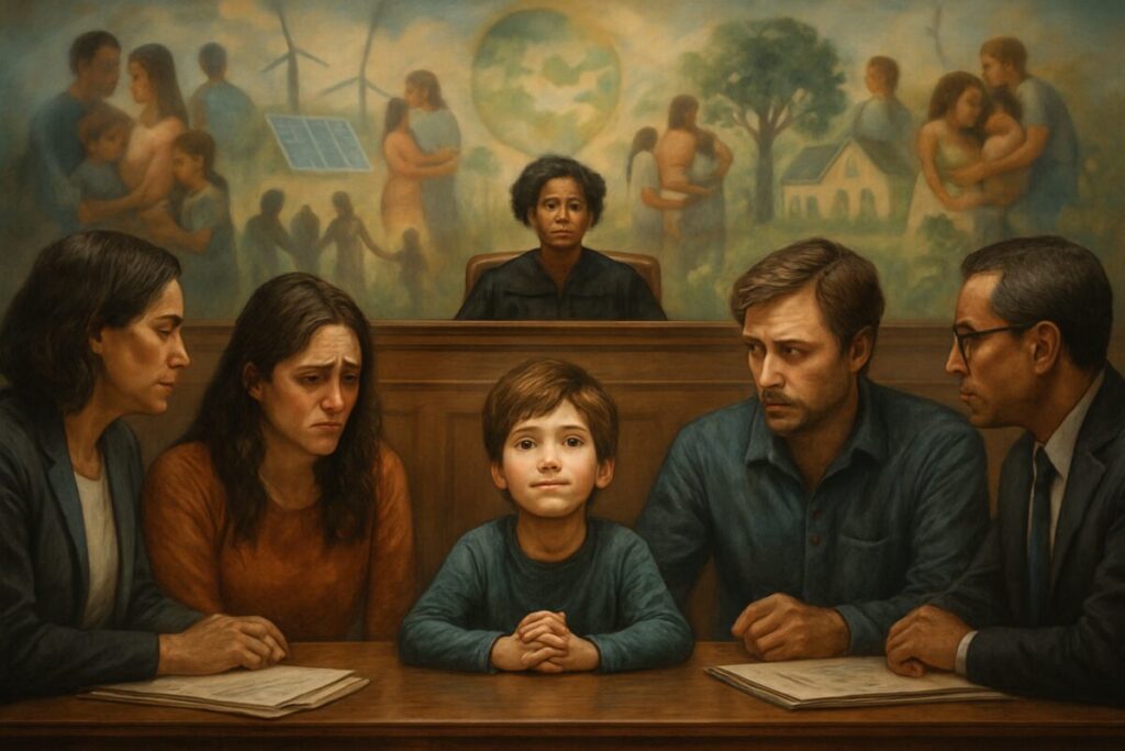 A high-definition illustration depicting a complex, emotionally charged family scene within a courtroom setting. The atmosphere is tense yet hopeful, with a focus on a young child sitting between two parents and surrounded by lawyers and a judge. The background incorporates subtle elements of diverse family types and sustainability themes, like a blurred mural of lush landscapes and community symbols. The artistic style should be realistic with a touch of surrealism, highlighting both the emotional and societal dimensions.