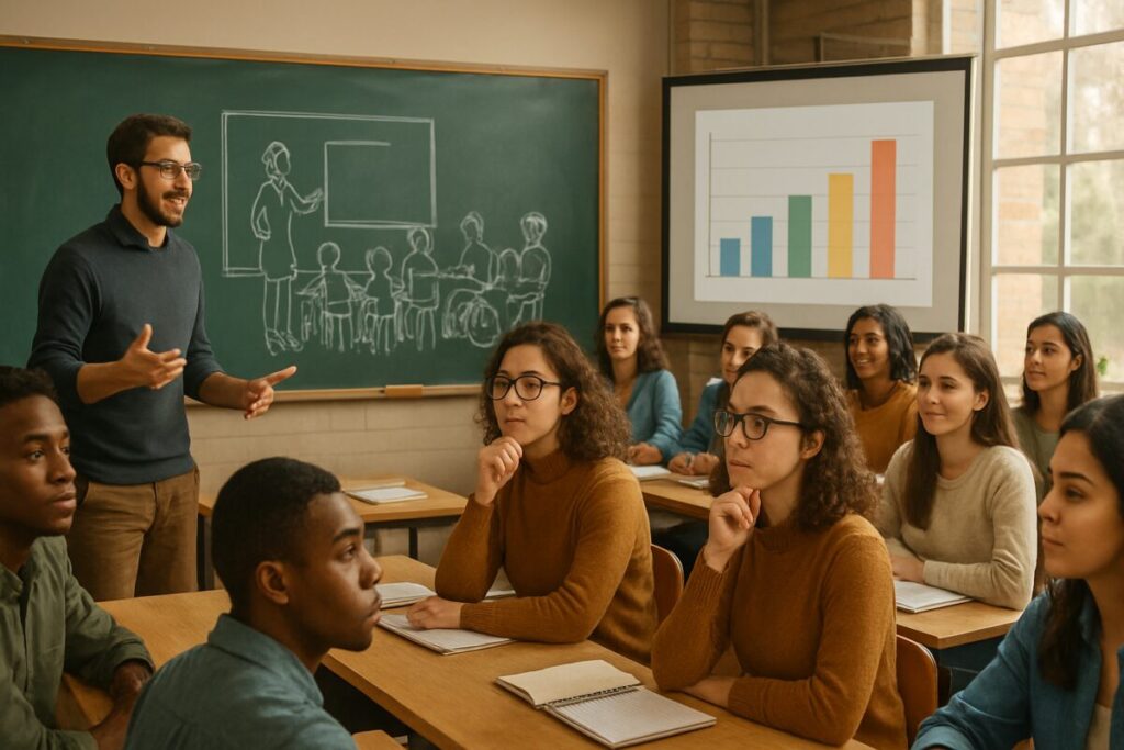 A cozy university classroom setting where a diverse group of future teachers, some wearing expressions of curiosity and others focused and attentive, engage in a workshop. The scene includes a charismatic instructor, leading a practical session with interactive elements, possibly using visual aids or demonstrations. Among them, a distinctively thoughtful student observes a simulated classroom scenario involving students with various needs, subtly hinting at inclusivity. The scene captures a sense of enthusiasm and learning, with a warm, inviting atmosphere. The artwork should be in high definition, showcasing intricate classroom details and the attentive expressions of the teachers-to-be.